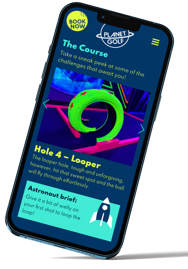 mobile first web design for mini golf course hole details shown on mobile phone